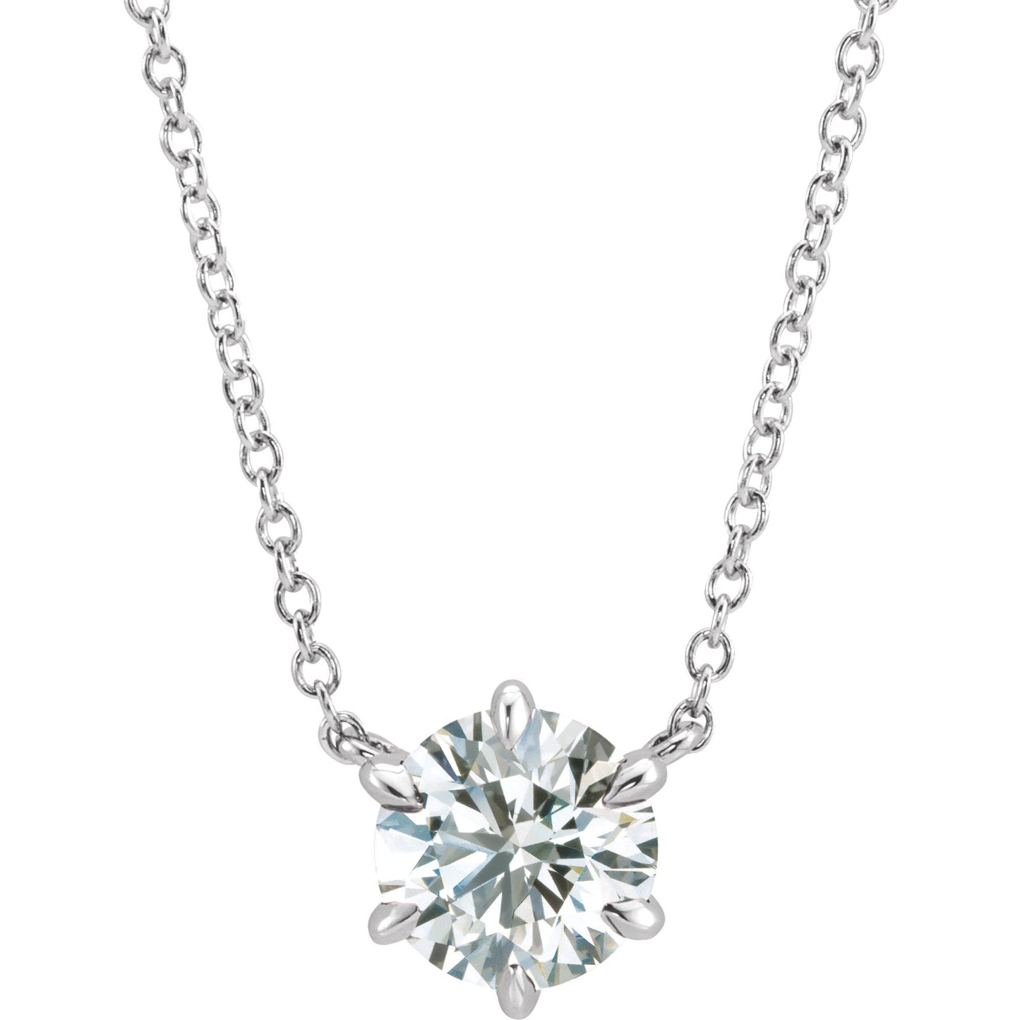 14k White Gold Solitaire Claw 6-Prong Necklace with Round Brilliant Cut DNA Gemstone