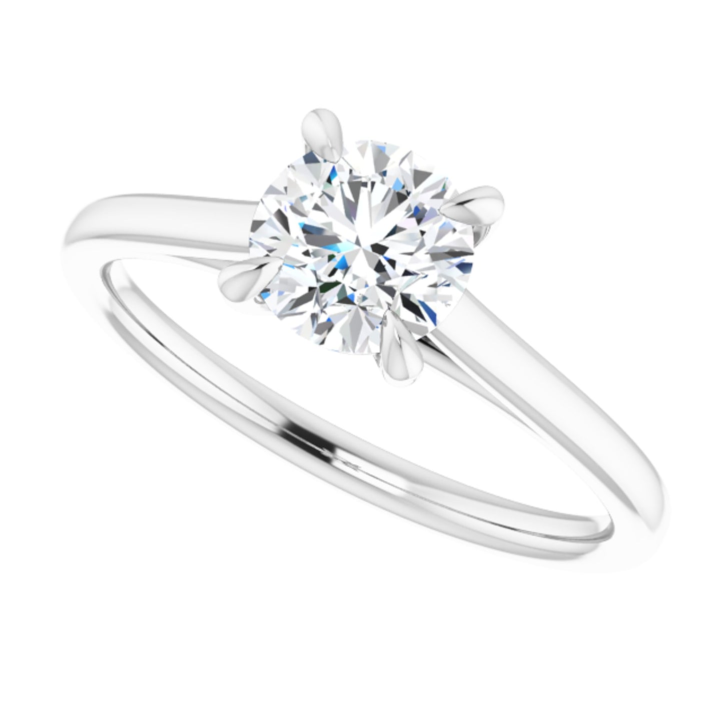 14k White Gold Solitaire Claw 4-Prong Tapered Sides Ring with Round Brilliant Cut DNA Gemstone